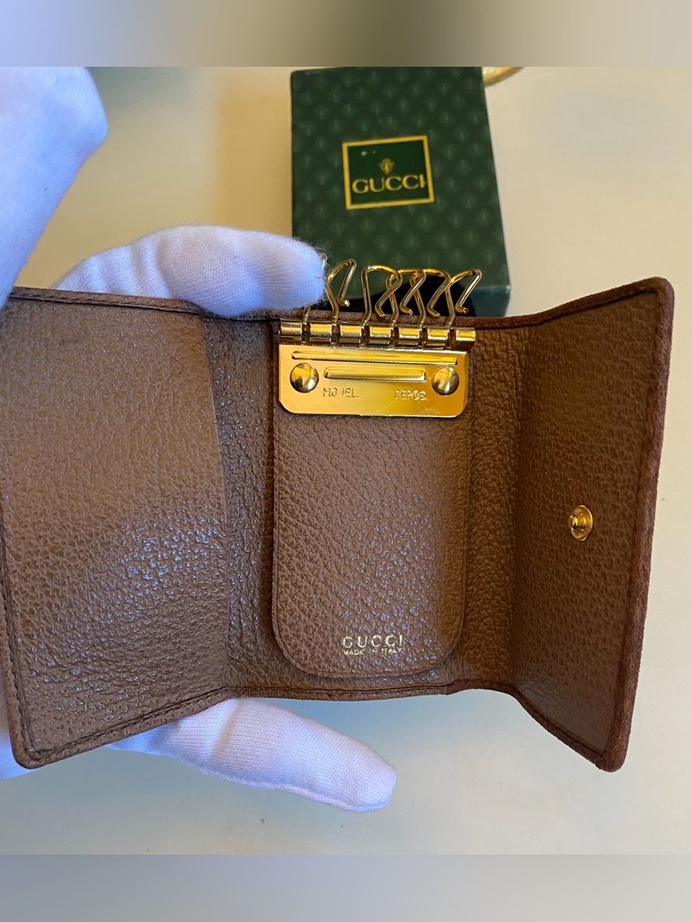 Gucci Brown Pebbled Leather Key / Card Case with Gold-Tone / Bamboo Hardware